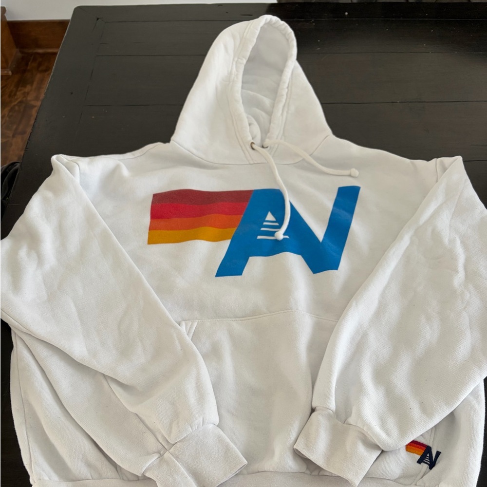 Aviator Nation White Hoodie with Blue and Multicolor Graphic- Unisex size XS